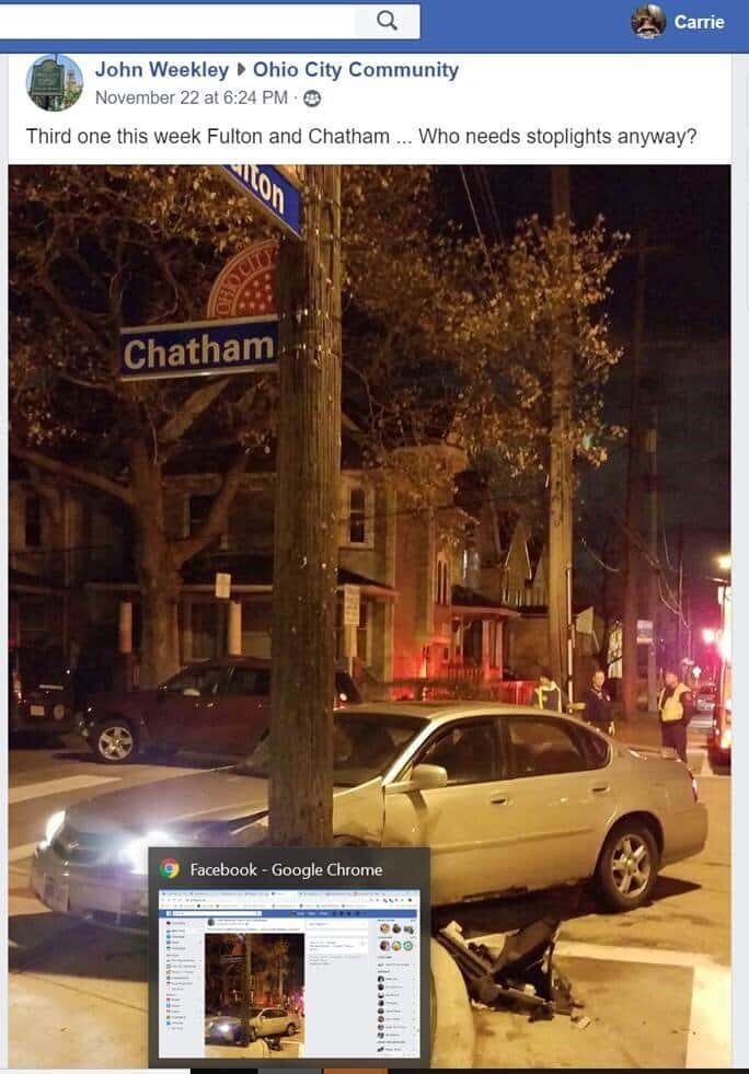 “Who needs stoplights, anyway?” A car crash at Fulton/Chatham in Ohio City.
