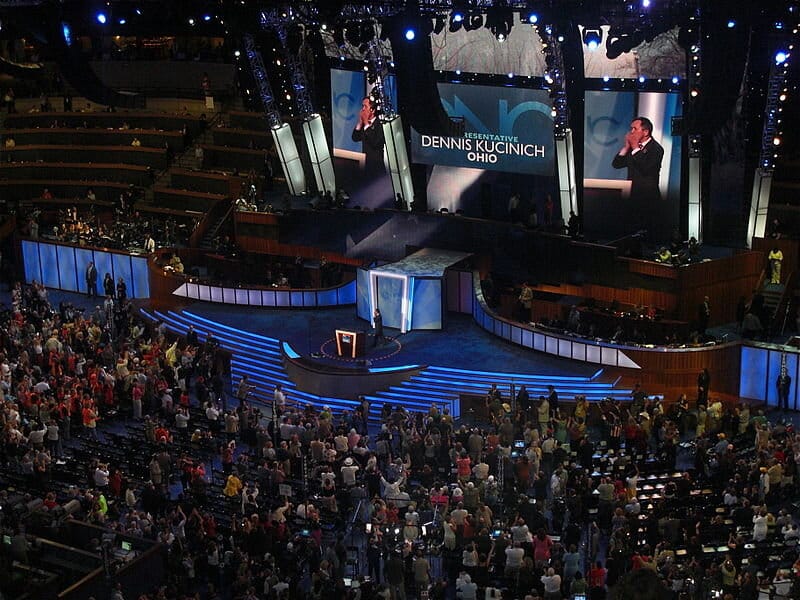 Dennis takes the stage at the 2008 Democratic political convention in Denver, Colorado. Contributed photo.