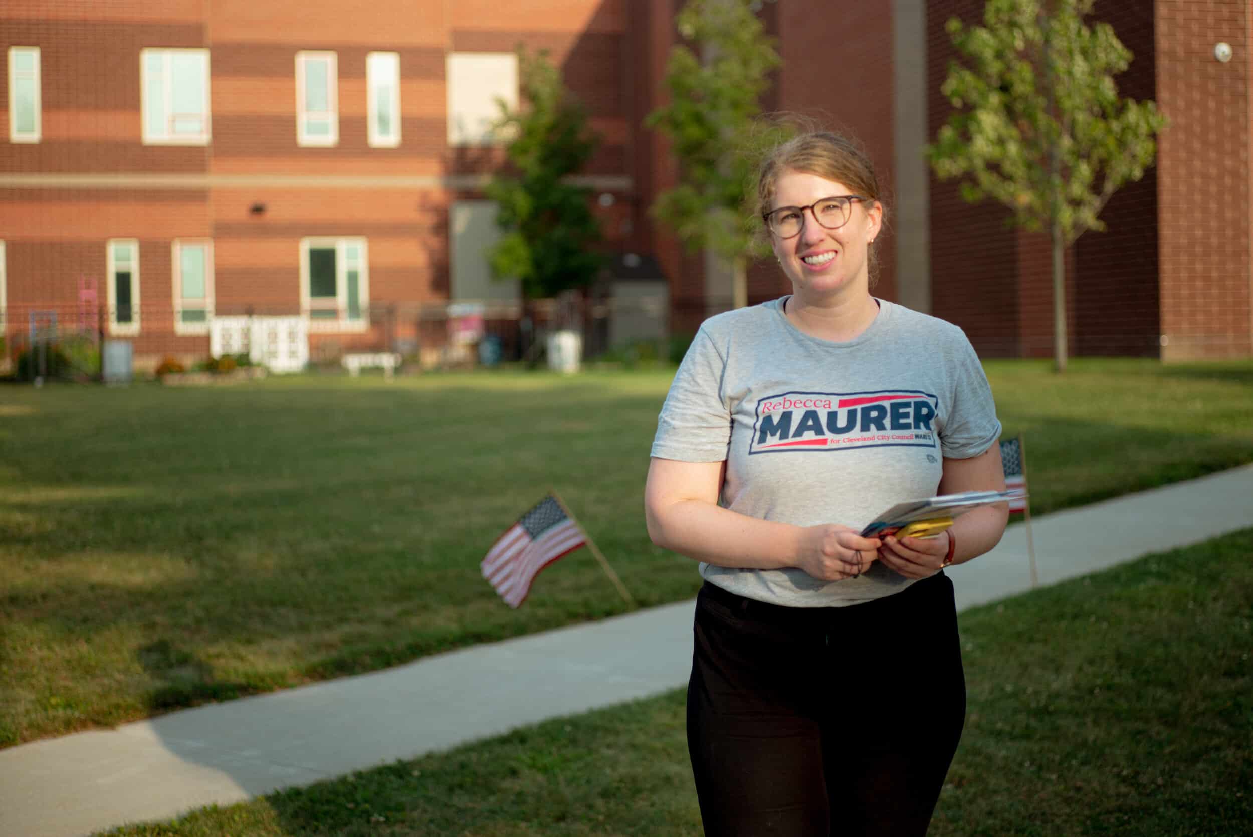 Ward 12 city council candidate Rebecca Maurer poses for a portrait outside the Albert Bushnell Hart Elementary School on Tuesday, Sept. 14, 2021. Photo by Michael Indriolo