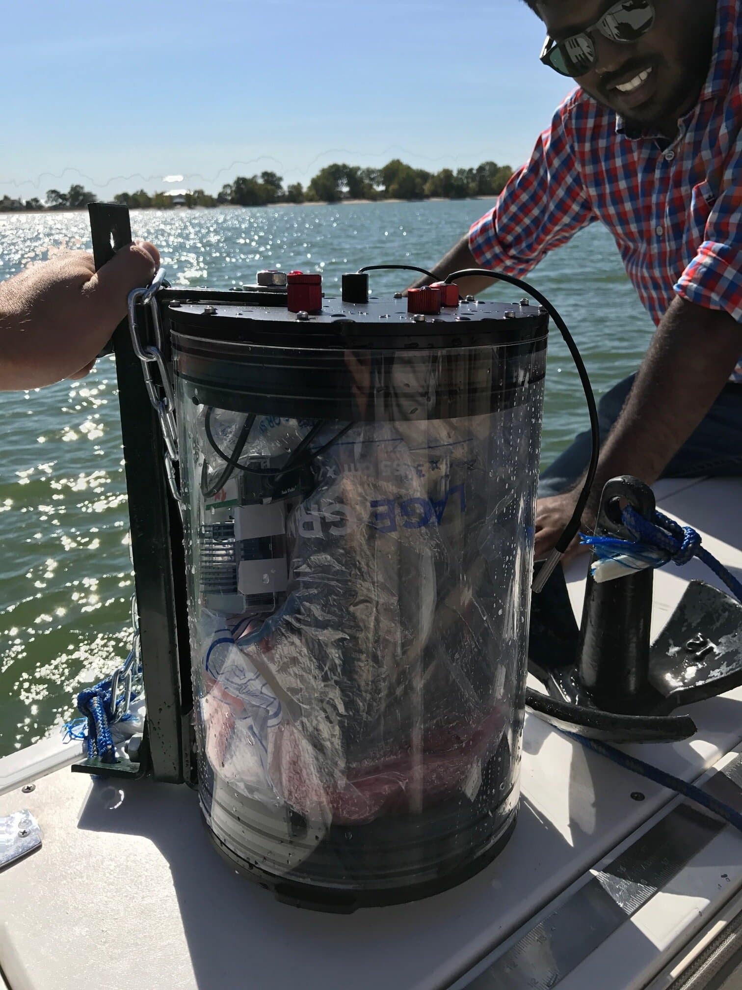 Micro Buoy and Extreme Comms (1st and 2nd place Erie Hack 2017) install their innovative water quality sensors and telemetry at a water quality monitoring buoy near Cedar Point as part of the Internet of H2O challenge. Photo courtesy CWA.
