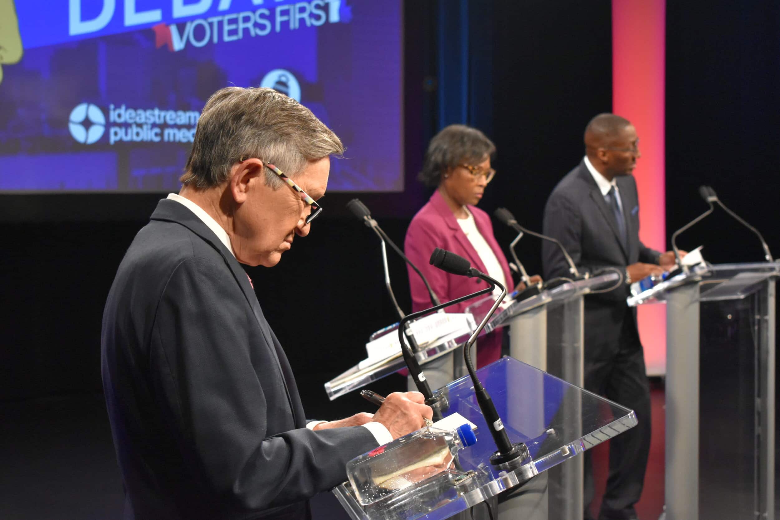 From left to right, Cleveland mayoral candidates Dennis Kucinich, Sandra Williams and Zack Reed. Photo by Conor Morris