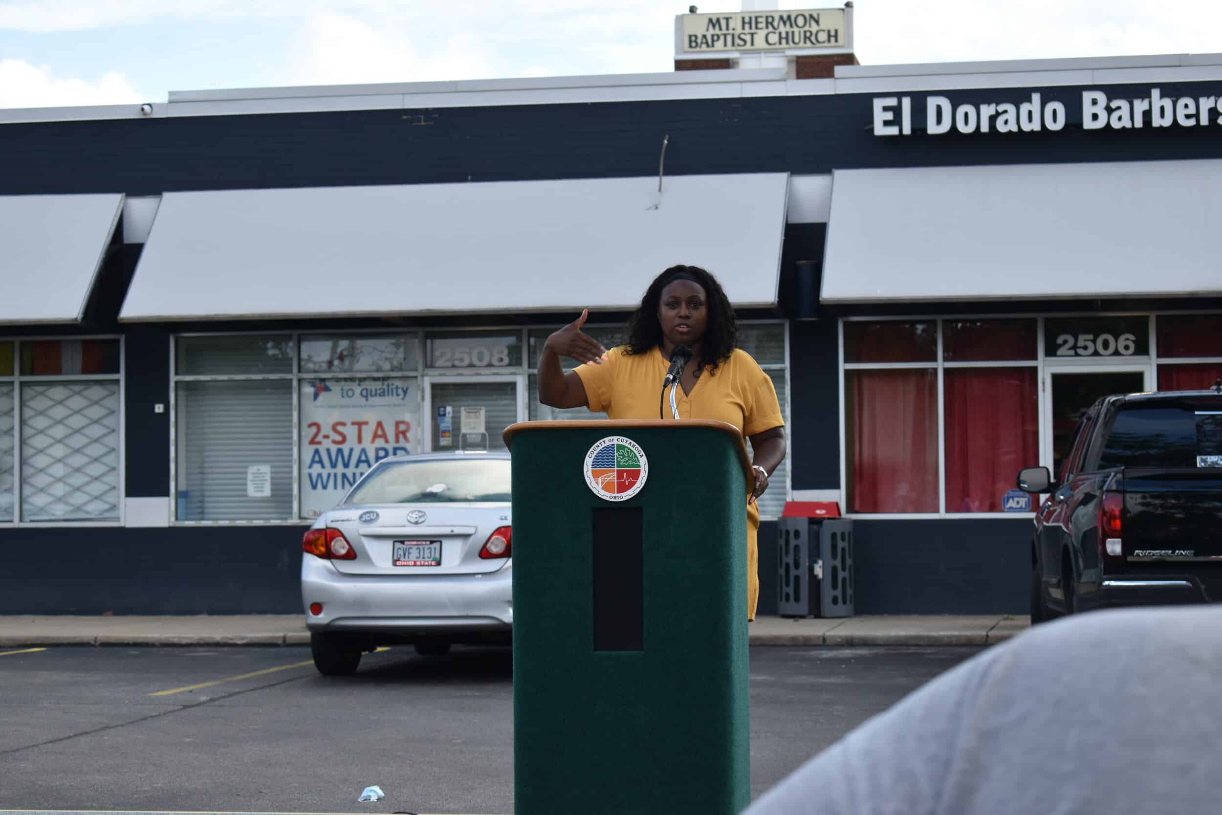 Joy Johnson, executive director of Burten, Bell, Carr Development Inc., speaks during a Cuyahoga County event meant to gather input on the “surge” in Cleveland’s Central neighborhood in mid-August. Photo by Conor Morris.