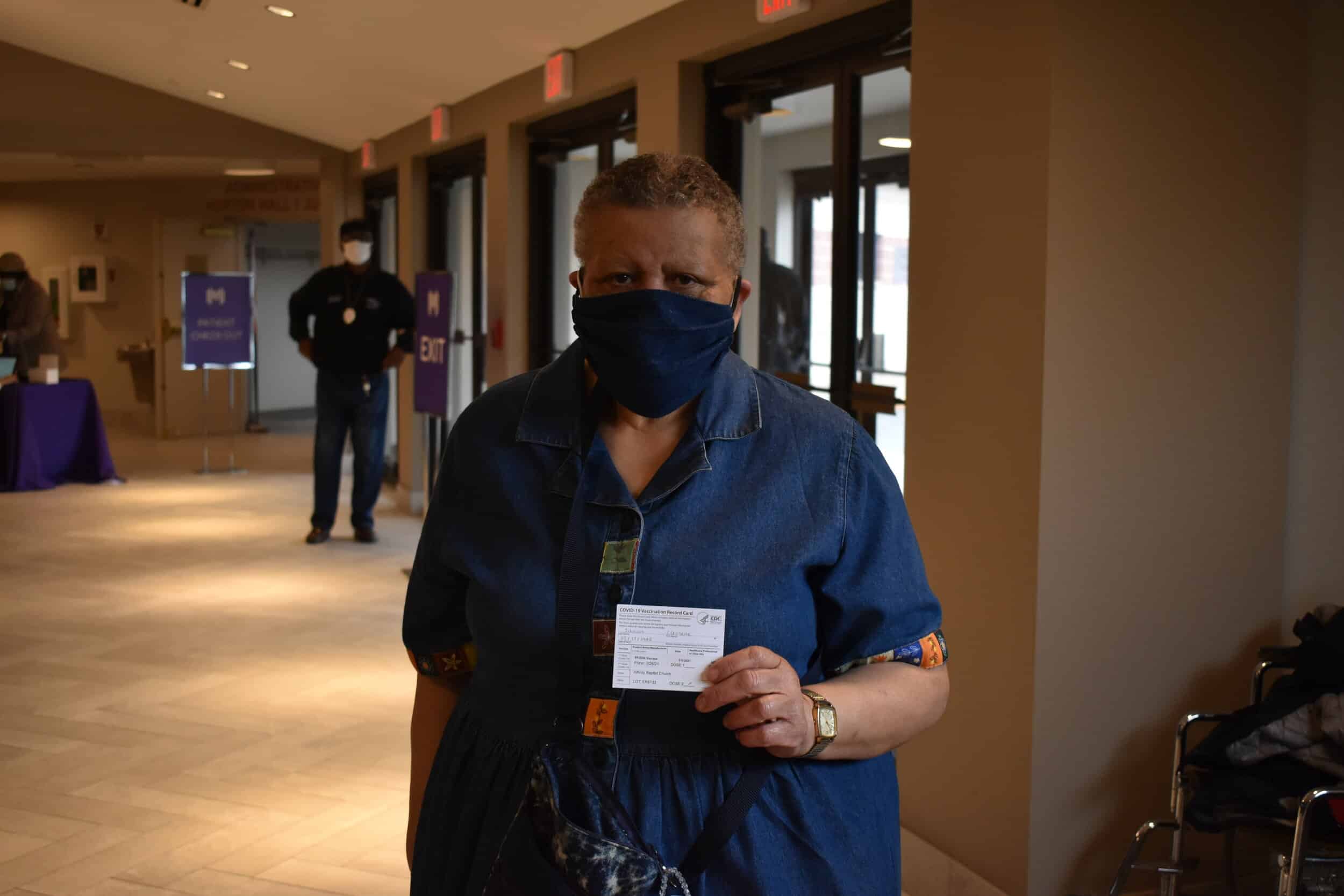 Cleosene Johnson, 72, poses after getting the second dose of the vaccine at a clinic at her church, Affinity Missionary Baptist Church. She’s been going to this particular church since 1976. Photo: Conor Morris.