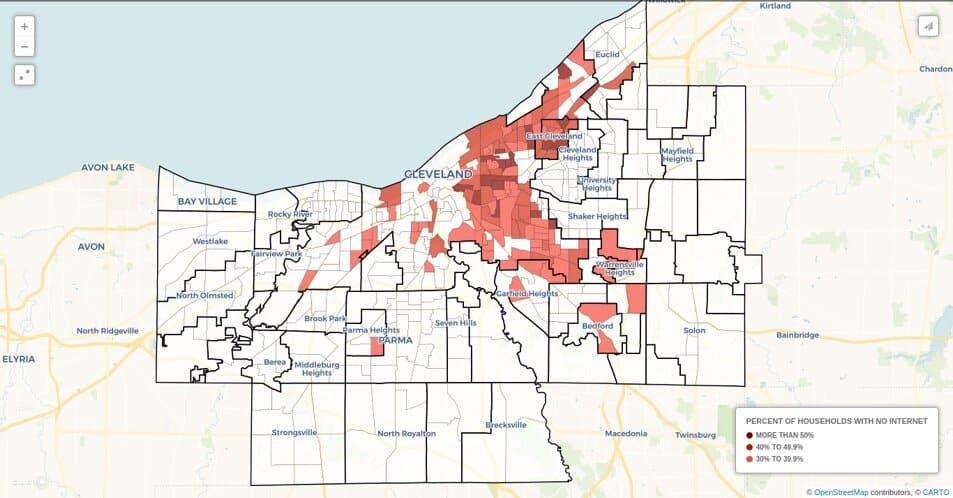 This map, provided by Cuyahoga County, shows the various Census tracts in the county layered with data from the 2017 American Community Survey on households’ access to broadband.