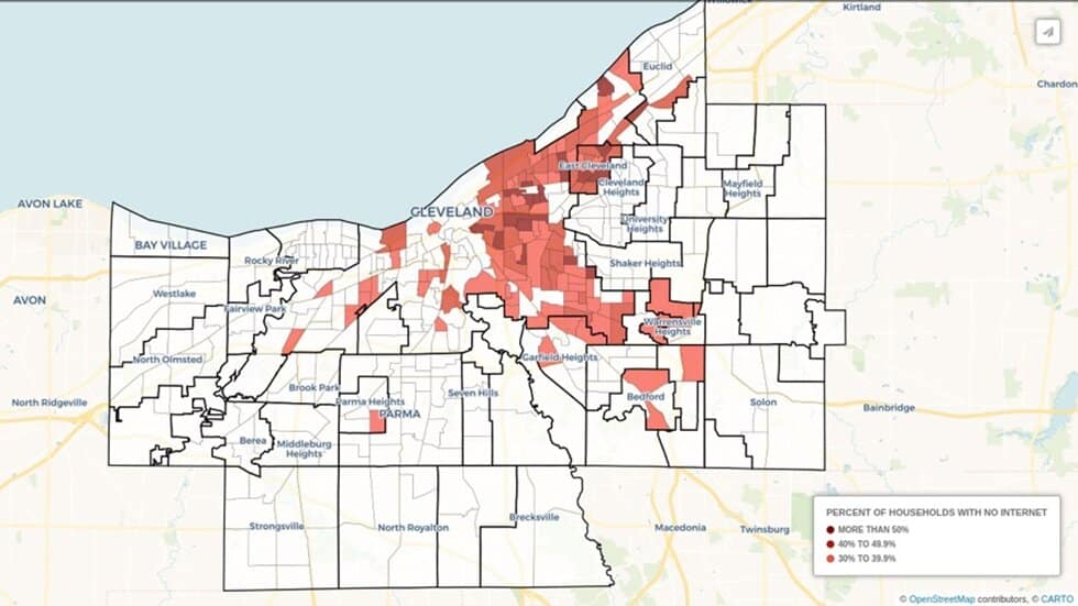 This map shows the various census tracts in the county layered with data from the 2017 American Community Survey on households’ access to broadband. [Cuyahoga County]