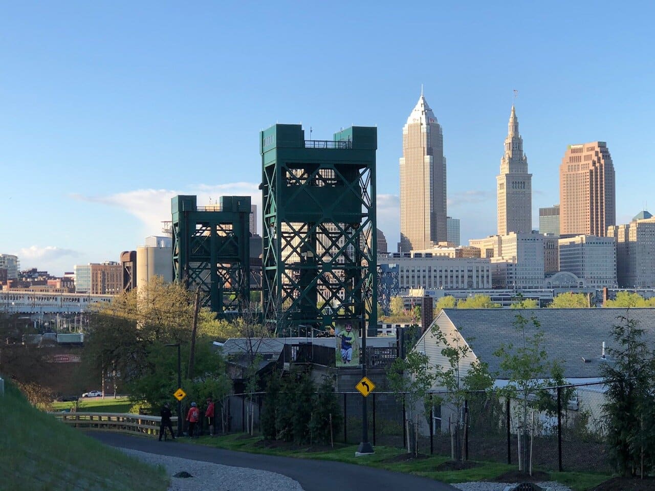 View of the downtown skyline as the Red Line Greenway heads down Columbus Rd. hill.