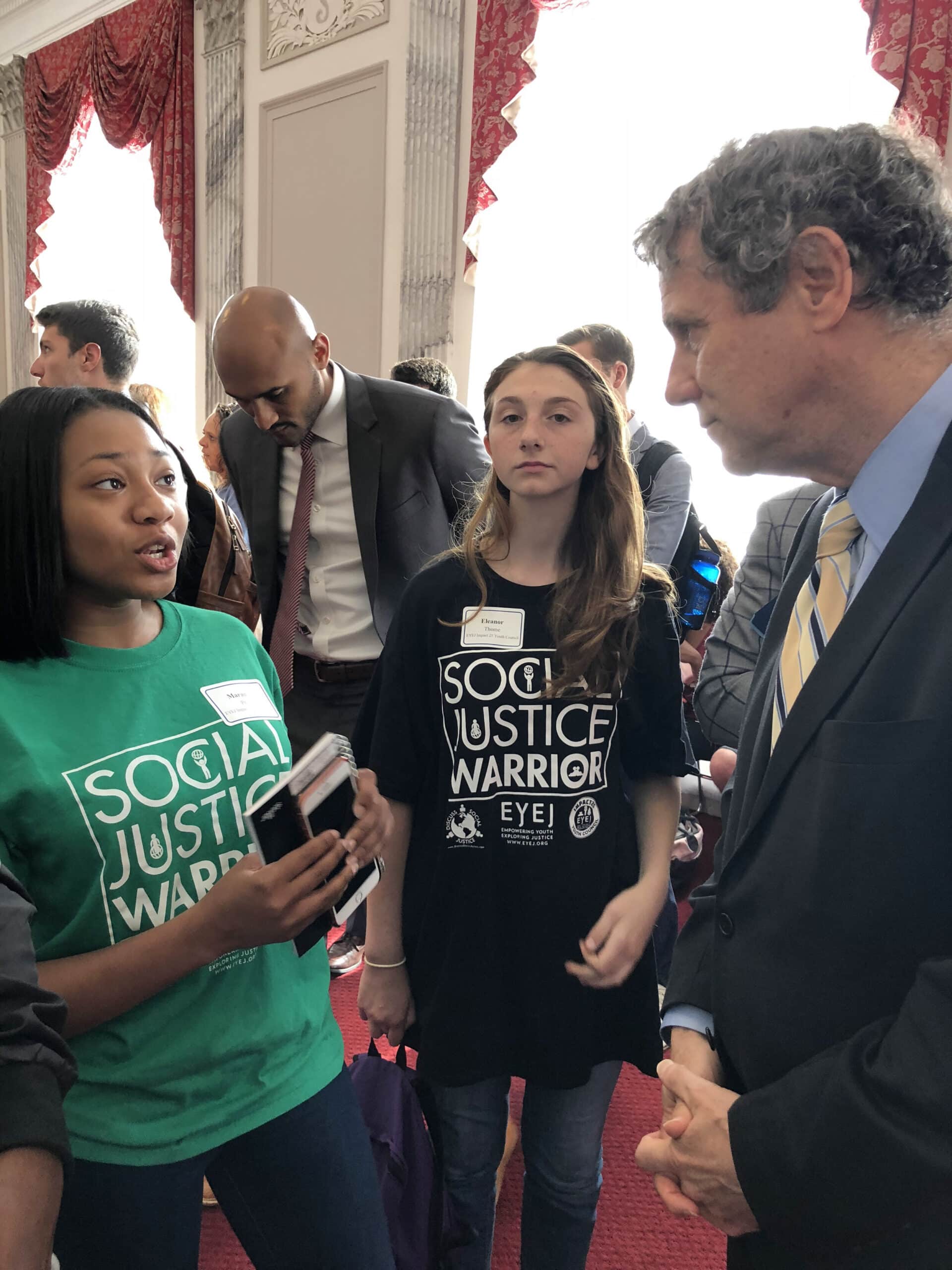 Maranda Priah and Eleanor Thome of the EYEJ Youth Council talk to Senator Sherrod Brown during a trip to Washington D.C.