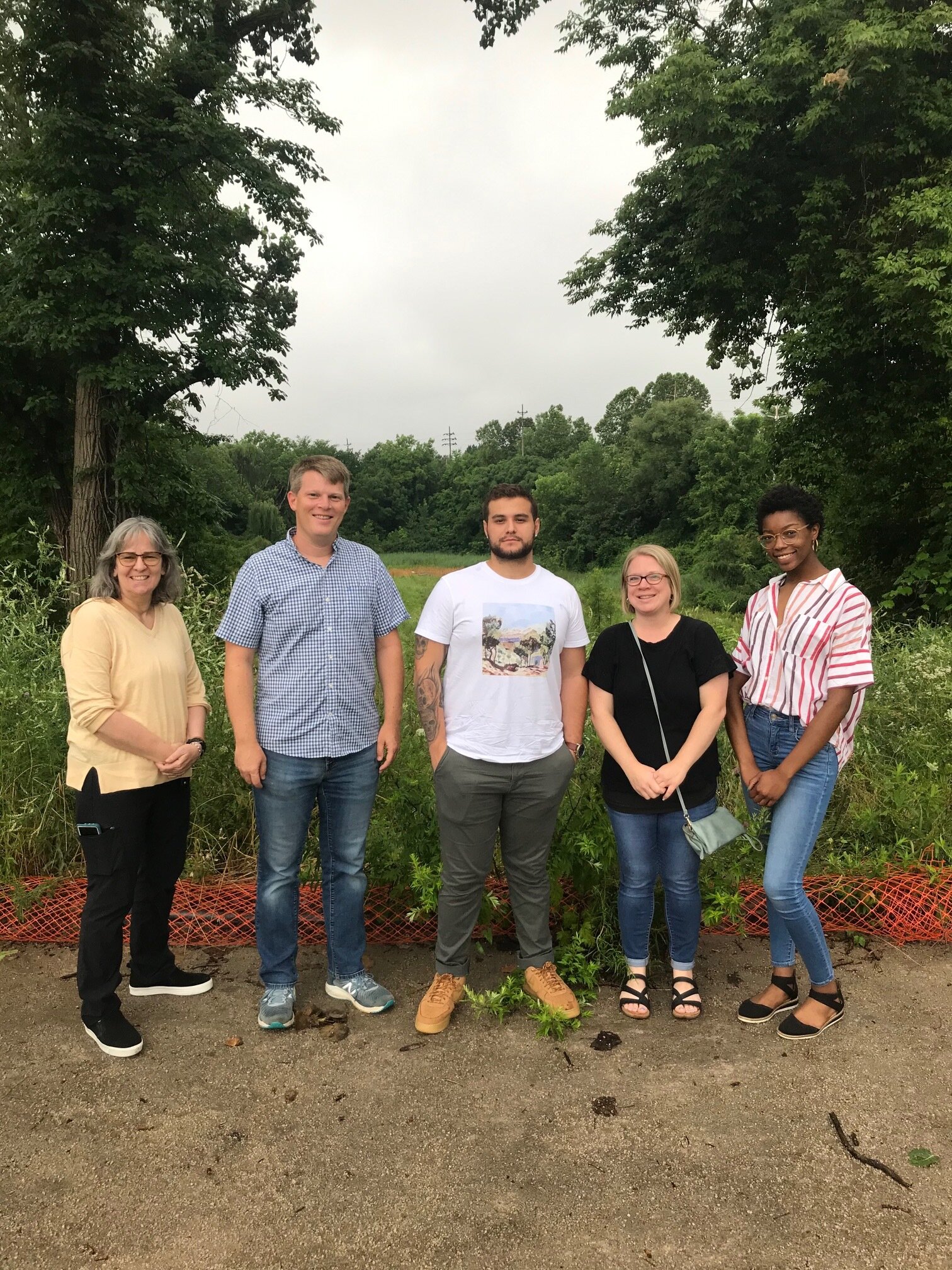 From L to R: Sue Zake, Collaborative News Lab at Kent State University; Lee Chilcote, The Land; Andres Ibarra, intern, The Land; Kelly Krabill, intern, The Land and KSU; Zaria Johnson, intern, KSU. Photo taken at Morgana Bluffs Nature Preserve, Slavic Village.
