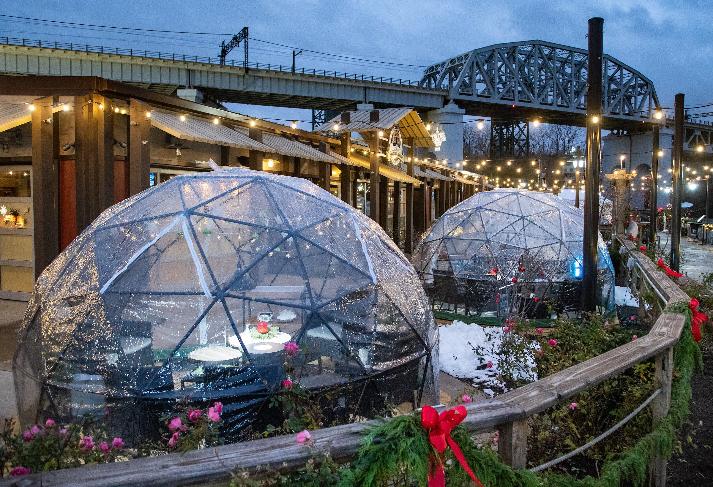 Merwin’s Wharf at Rivergate Park offers private igloo rentals. Photo by Kyle Lanzer / Cleveland Metroparks.