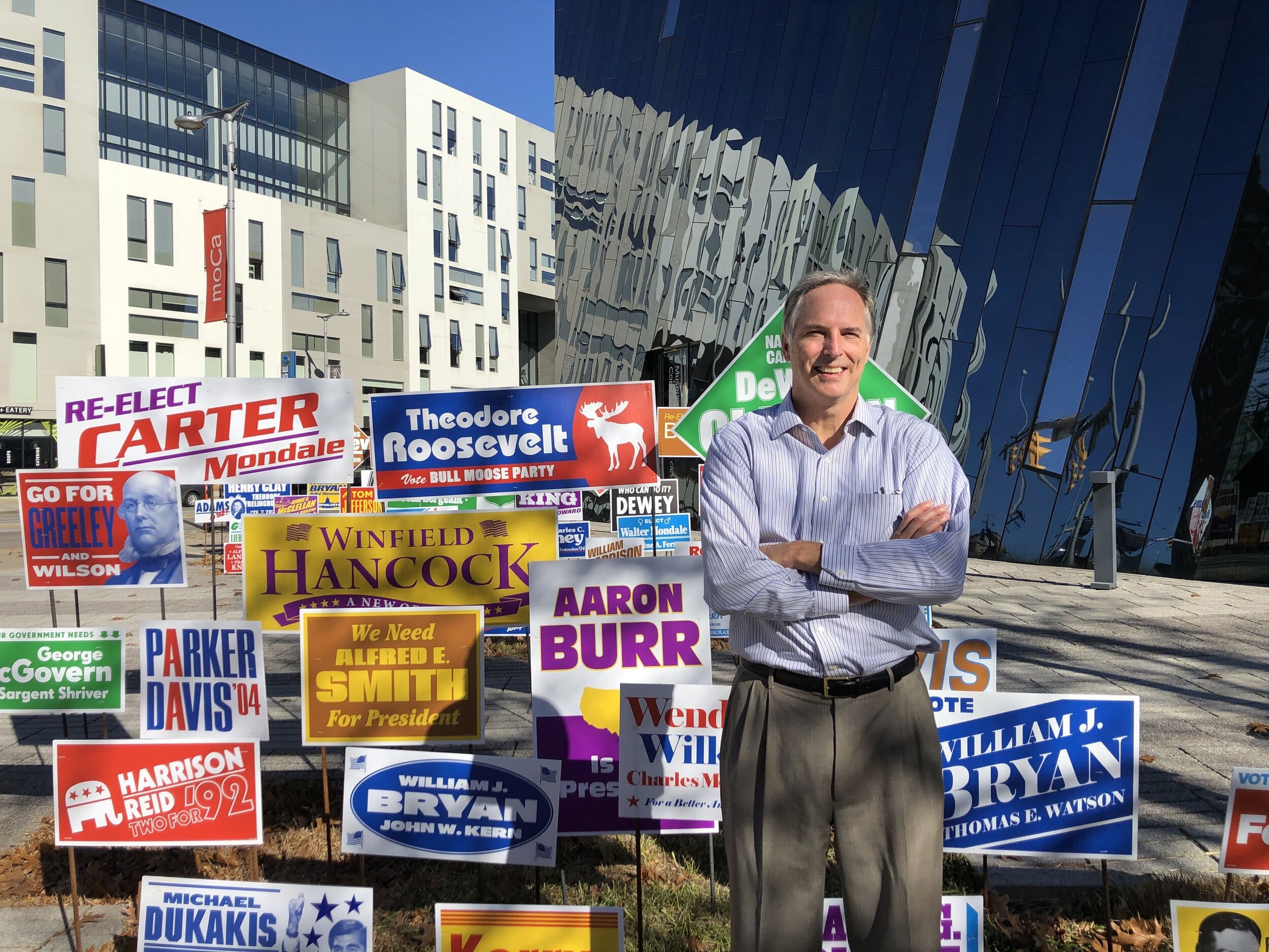 Robert Smith stands before the election exhibit outside MOCA Cleveland Nov. 9..jpg