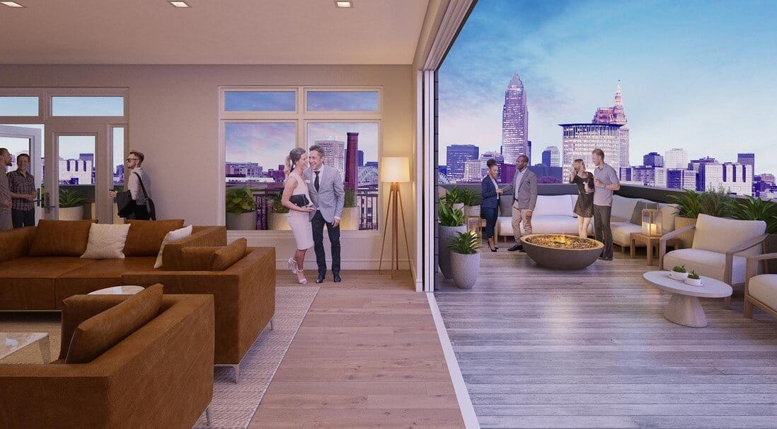 The Dexter community room with downtown views.