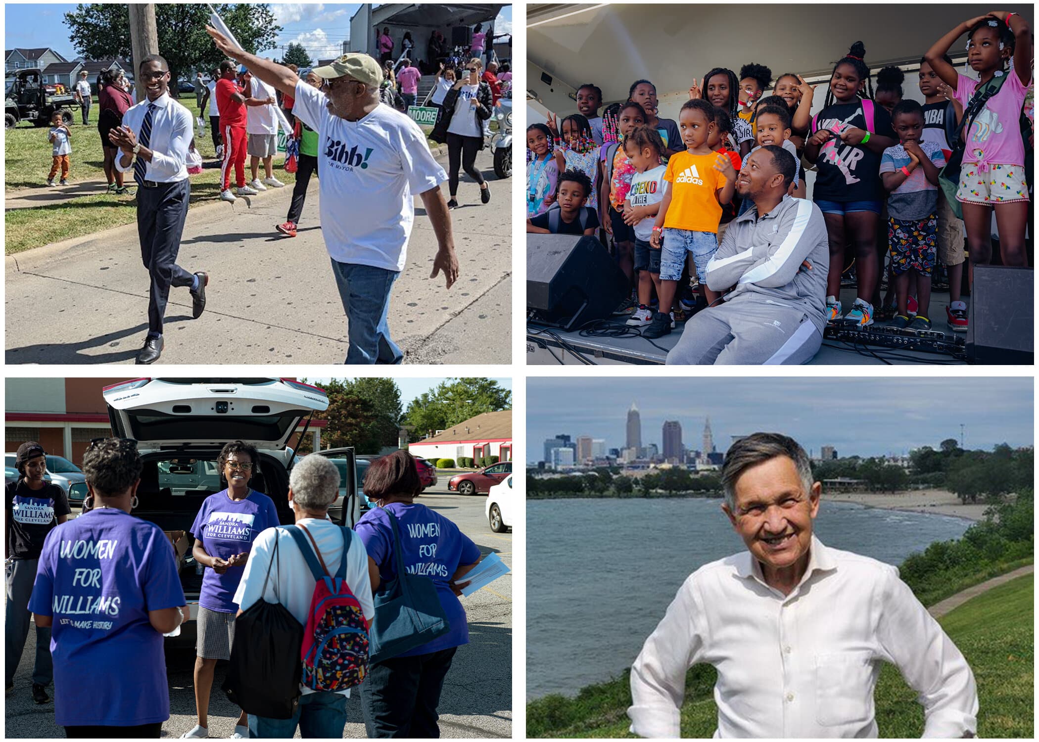 (Top left) Justin Bibb and former Cleveland Mayor Mike White at the Labor Day parade on Monday, Sept. 6, 2021. Photo by Grant Segall. (Top right) Basheer Jones speaks in front of a dozen area pastors at the Ankor Restaurant on St. Clair Ave. on Aug. 19, 2021. Photo: Mark Oprea. (Bottom left) Sandra Williams meets with about 20 volunteers in a Dave’s parking lot to prepare for a day on canvassing in Cleveland’s northeastern corner on Saturday, Sept. 4 2021. Photo by Michael Indriolo. (Bottom right) Dennis Kucinich in 2021. Contributed photo.