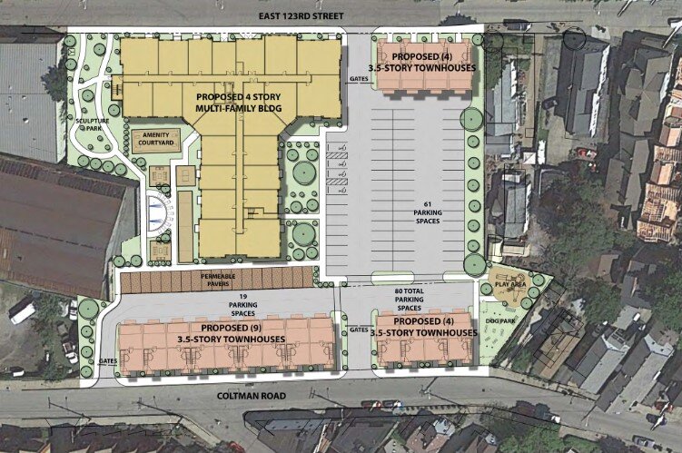 Proposed site plan for development at East 123rd and Woodhill Avenue in Little Italy.