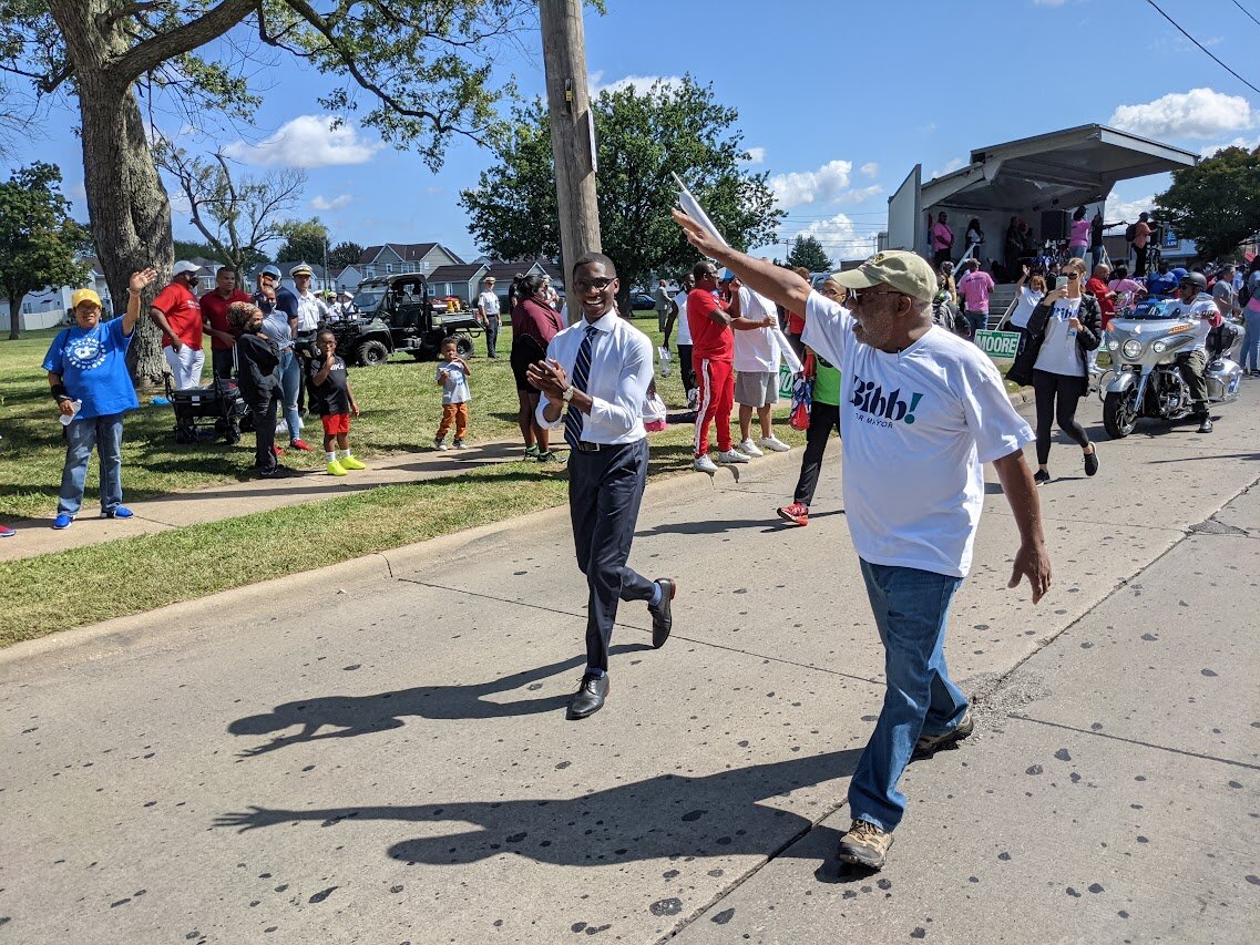 Justin Bibb and former Cleveland Mayor Mike White at the Labor Day parade. Photo by Grant Segall.