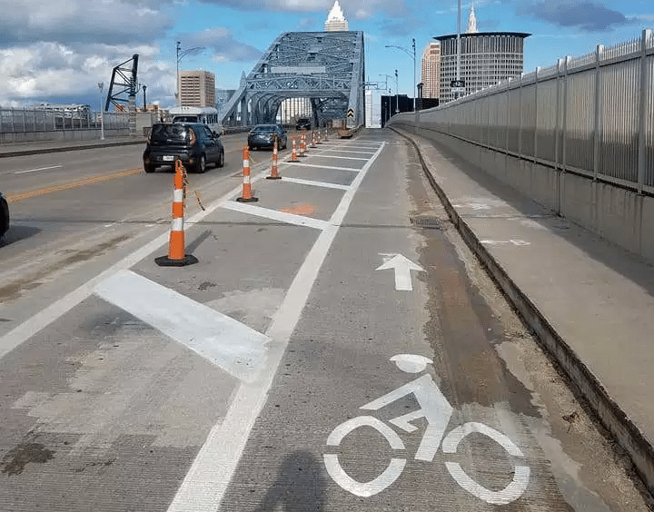 Protected bike lanes when they were under construction on the Detroit Superior bridge. Photo courtesy Bike Cleveland.
