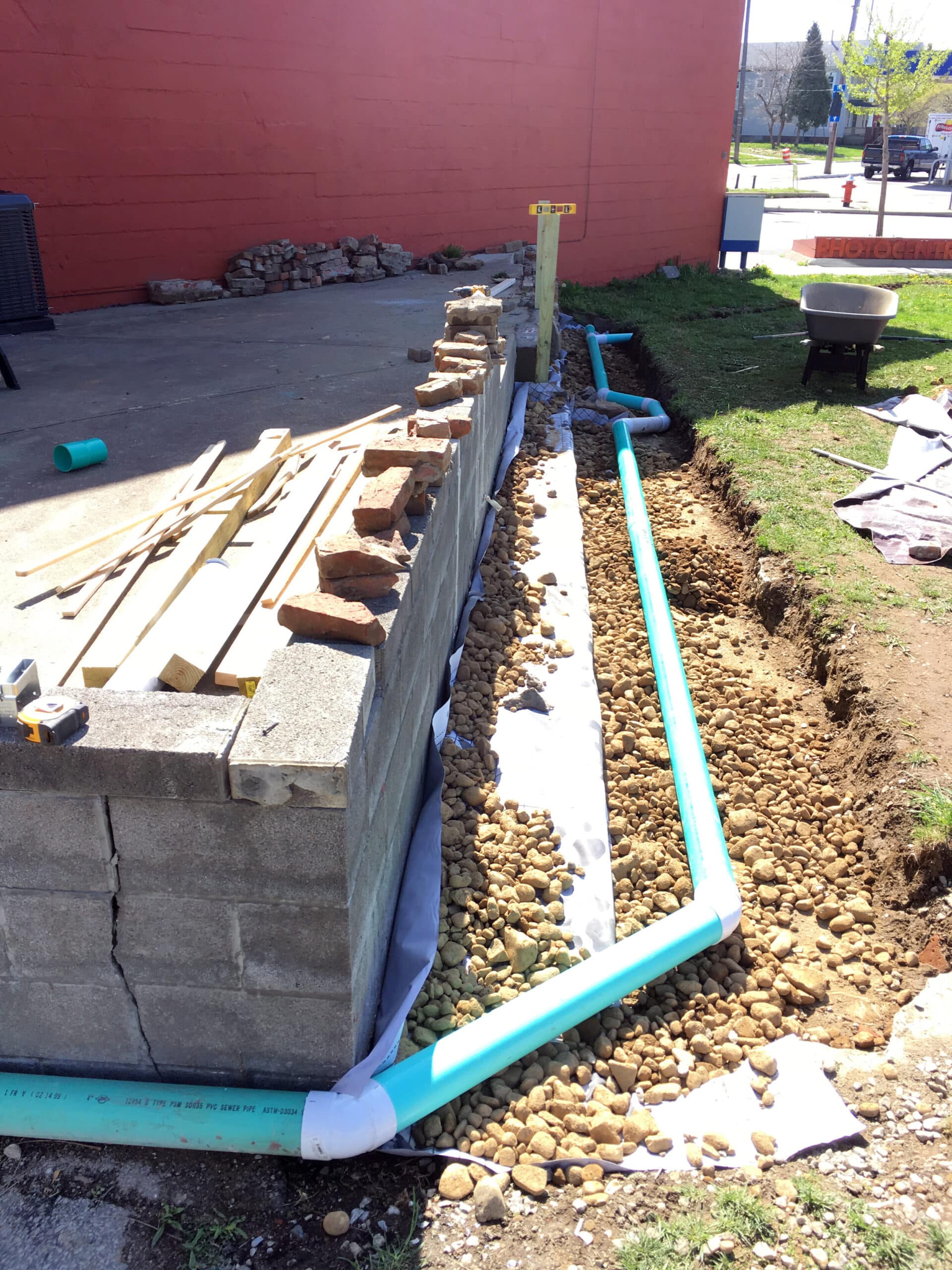 The french drain at the Blue Windmill Project.