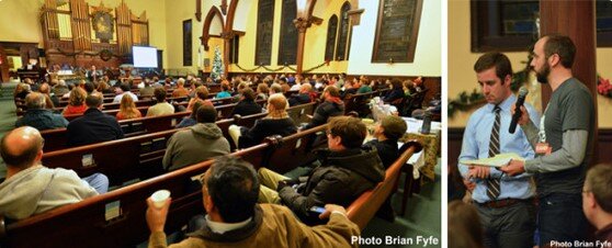 A crowd discusses proposals for Lorain Avenue during a planning meeting. Photo courtesy Bike Cleveland.