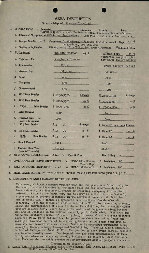 Description card showing the rating the Home Owners' Loan Corporation gave Fairfax