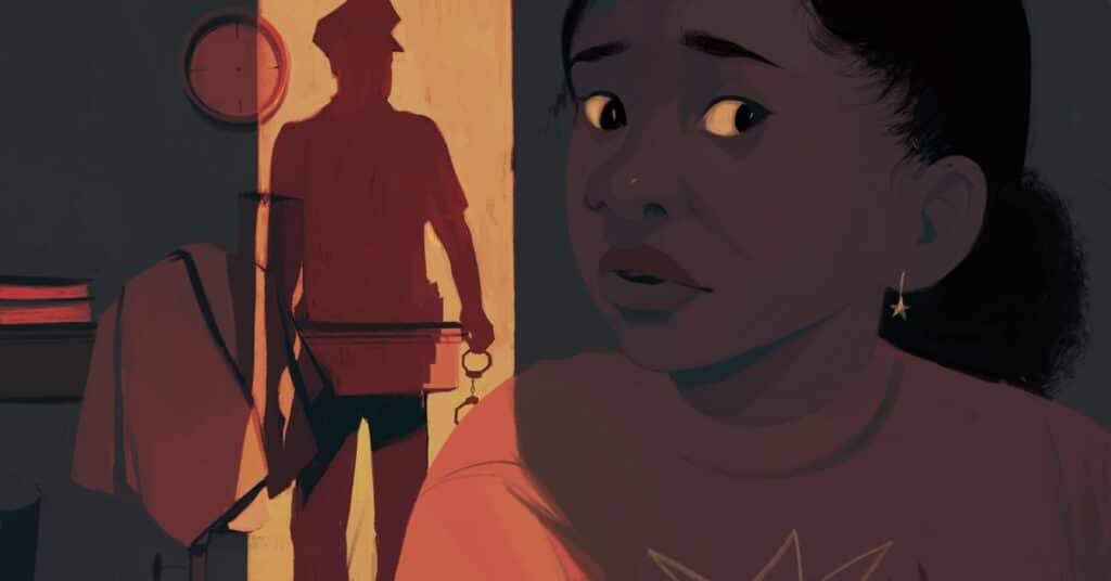 An illustration in oranges and dark gray-blues shows a young girl on the right side looking fearful as the shadow of a police officer approaches her with handcuffs in his hand. 
