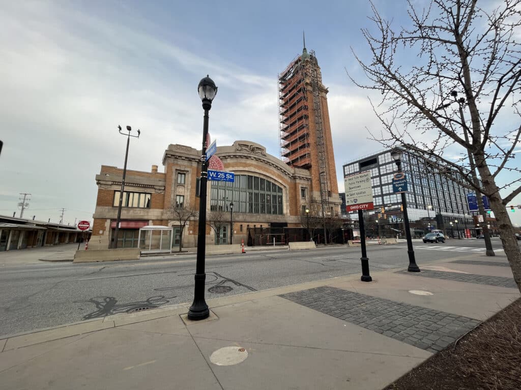View of the exterior of the West Side Market from Market Square on an evening in early April. 