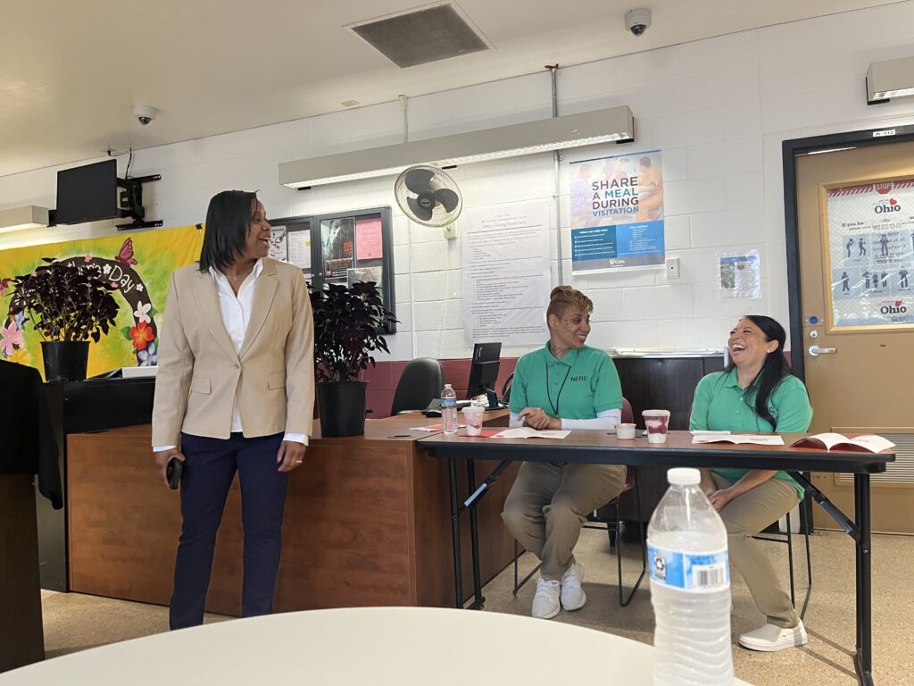 Gina Miller and Karenda Hutsenpiller share a laugh with deputy warden Dionne Eslick during the ribbon-cutting ceremony.