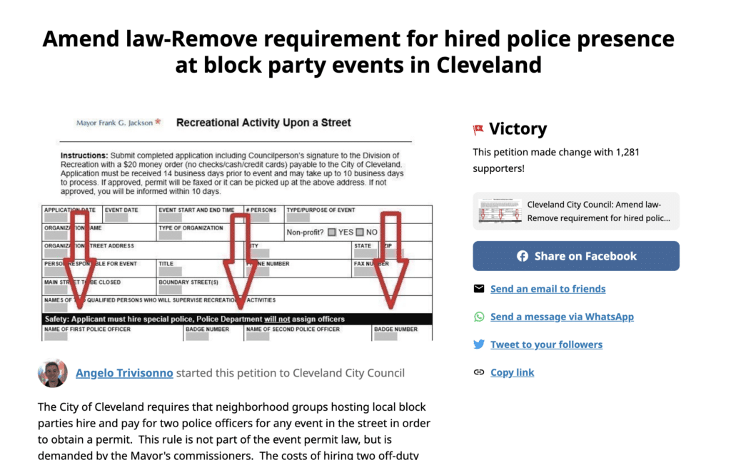 Screenshot of Angelo Trivisonno's petition to amend a law requiring hired police presence at block party events in Cleveland.