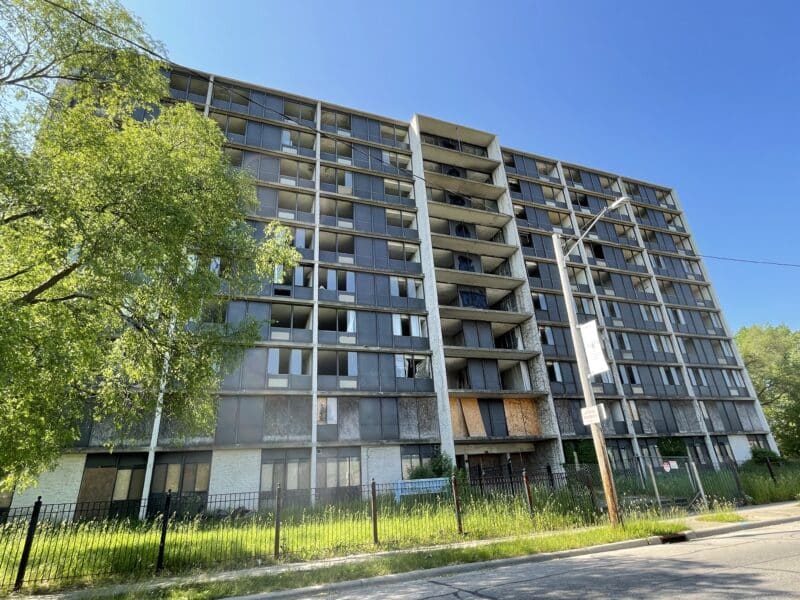 Exterior of the empty 10-story 9410 Hough building.