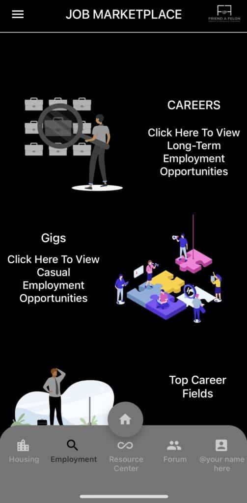 Phone screen showing the job marketplace section of the app, which has options such as careers, gigs, and top career fields.