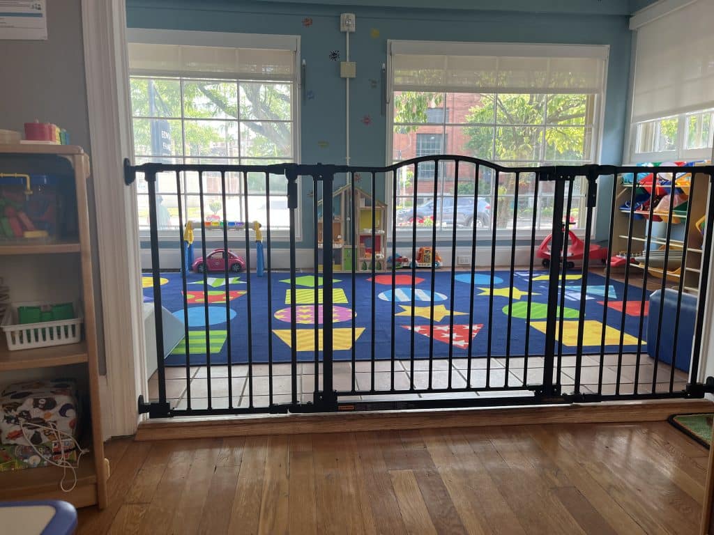 Light streams in from the window into a fenced-in play area with a colorful rug.