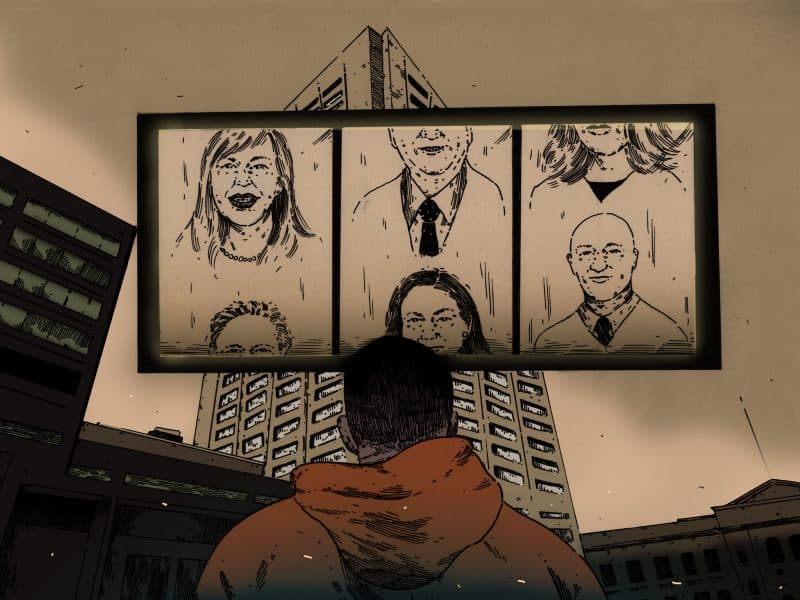 An illustration shows the back of a Black man looking up at a tall building, the Cuyahoga County Justice Center. In front of the building is a panel of three portraits, representing a roulette of judges.