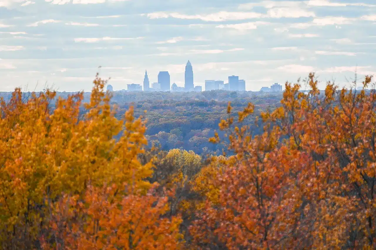Autumn scene of the Cleveland skyline with trees changing colors around it.