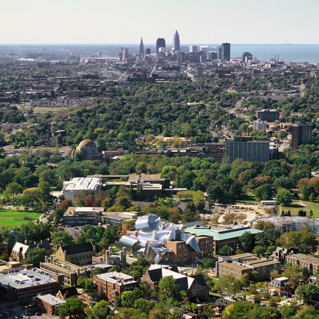 Aerial view of downtown Cleveland and Case Western Reserve University. 