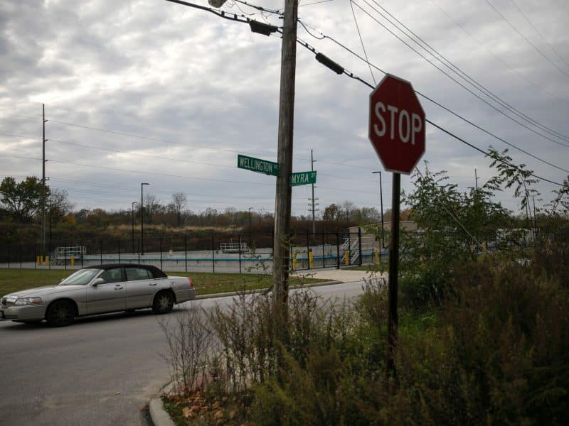 The cross street signs seen at the corner of Wellington Avenue and Myra Street in Akron.