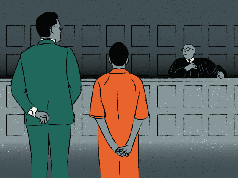 Illustration of a courtroom scene. Standing before a judge, with their backs to the viewer, are a man in a suit and a juvenile in an orange jumpsuit.