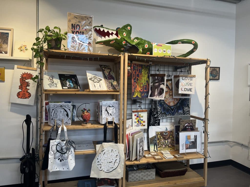 A display of art for sale at Future Ink Graphics art store.