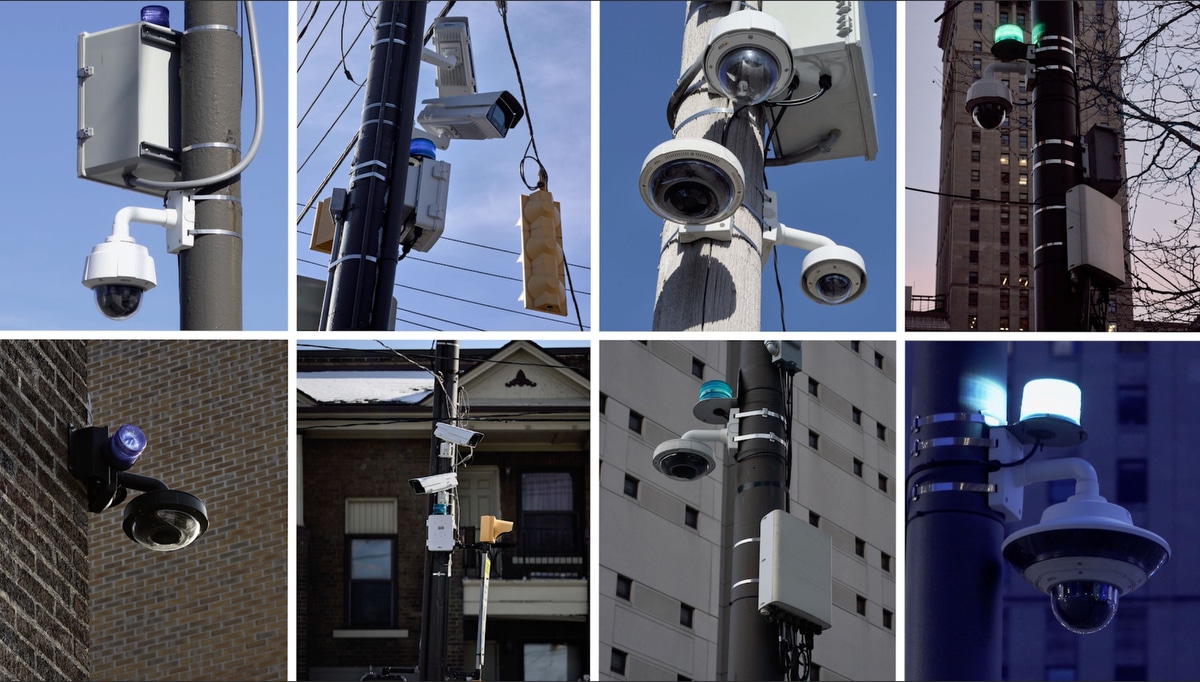 A grid shows eight close-up photographs and videos of different types of surveillance cameras mounted on poles or buildings. The top left and bottom right images show a flashing blue light on top of the camera.