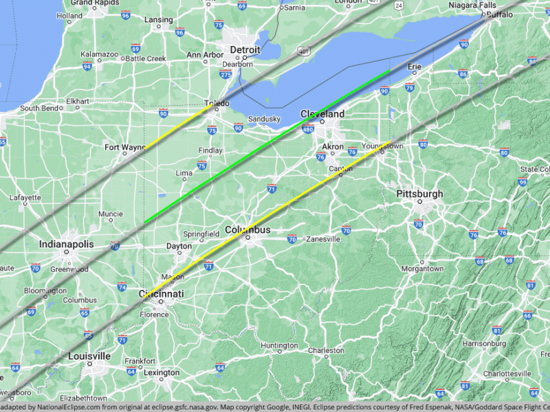 Map of Ohio and the midwestern United States marking the path of totality, as well as the path of the total solar eclipse