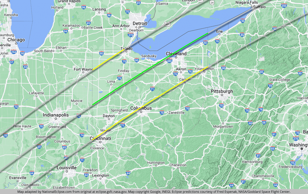 Map of Ohio and the midwestern United States marking the path of totality, as well as the path of the total solar eclipse