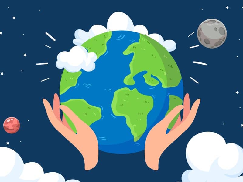 Cartoon rendering of hands holding the Earth