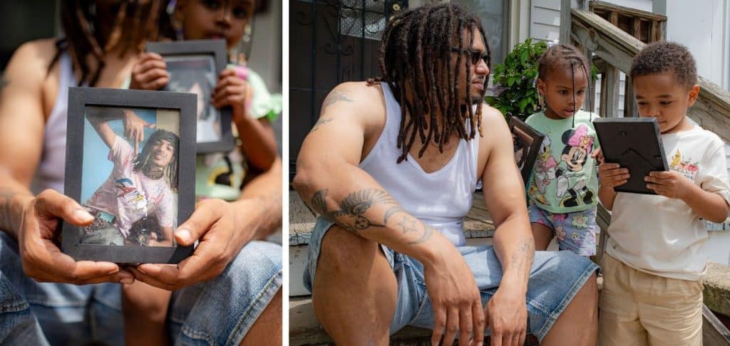 A diptych shows a photo of a Black man holding a framed photo of his brother on the left, and a photo of the same man with two young Black children looking at framed photographs on the right.