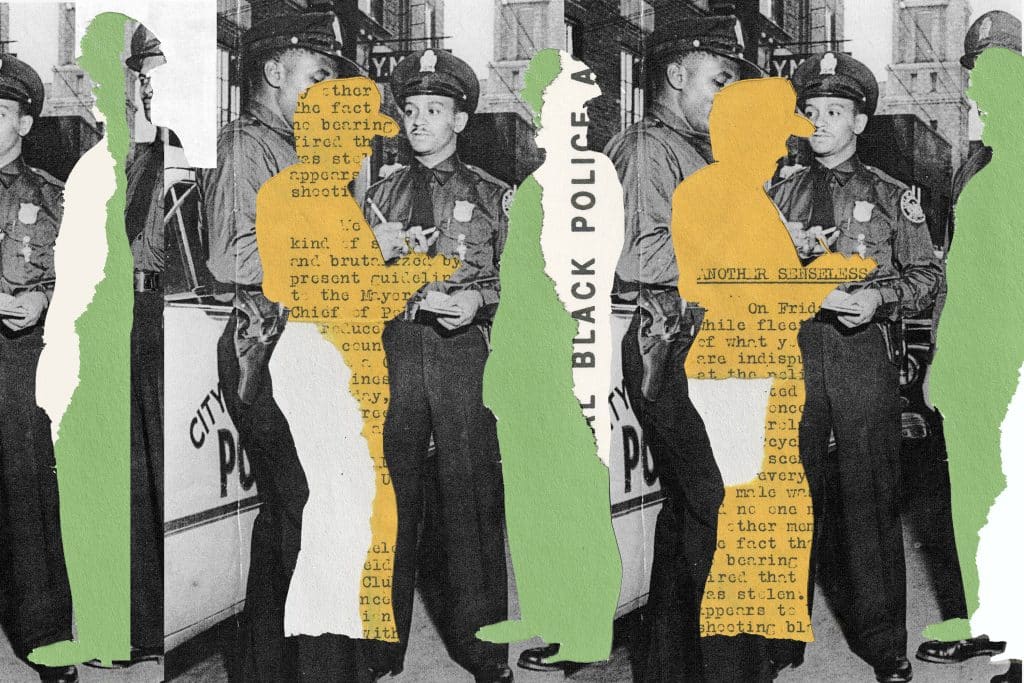 Alt text: A collage with ripped paper-style cutouts of silhouettes of police officers in orange and green over a black-and-white background photo of two police officers standing next to each other